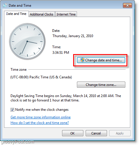 Captura de tela do Windows 7 - altere a data e a hora