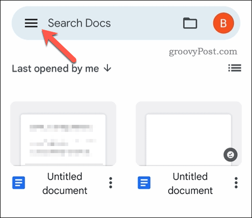 Abra o menu móvel do Google Docs