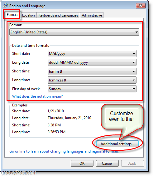 A captura de tela do Windows 7 altera as configurações de formatos de região e idioma