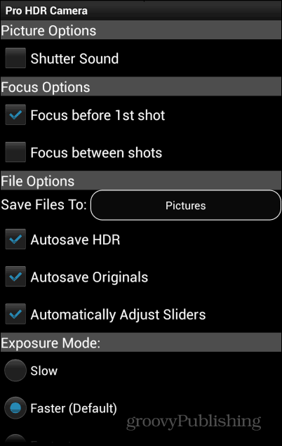 Configurações da câmera Pro HDR 1