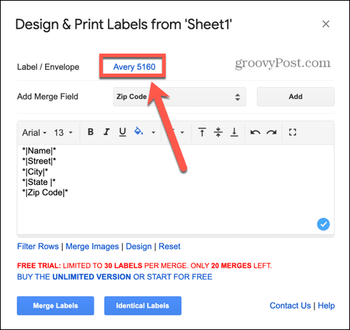 tipo de etiqueta do Google Sheets