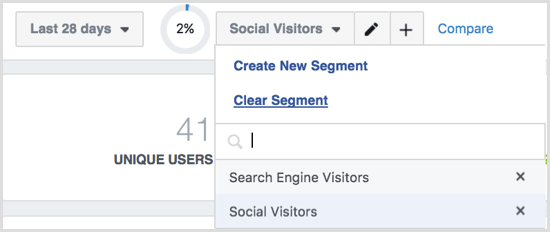 Opções de menu de segmentos do Facebook Analytics