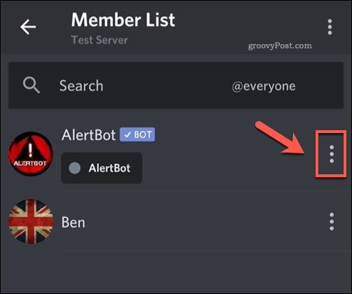 Acessando a lista de opções para um membro do servidor Discord
