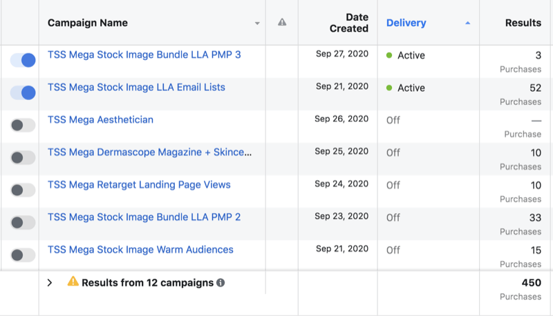 exemplo de conjuntos de campanhas de dados de anúncios do Facebook mostrando 2 conjuntos ativos, incluindo uma versão 3 de um determinado conjunto de anúncios, enquanto 5 estão inativos, incluindo uma versão 2 do conjunto de anúncios mencionado