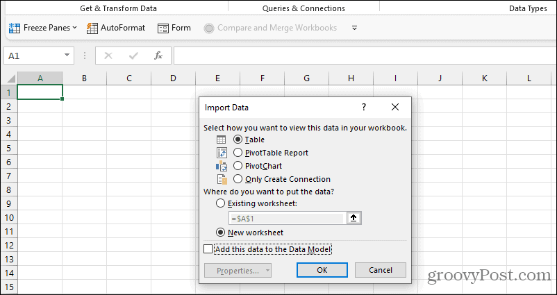 opções de dados de importação do excel