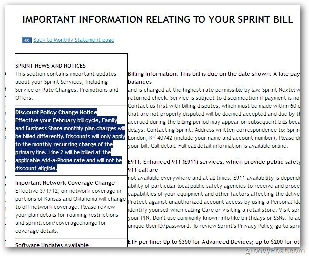 Informações importantes da conta do sprint