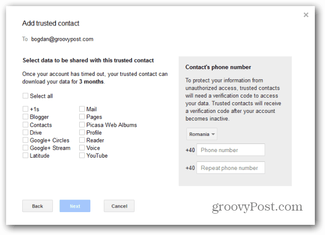 Verificação de contato do Google Inactive Account Manager