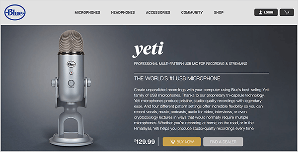 Dusty Porter recomenda atualizar para um microfone USB como o Blue Yeti. Na página de vendas do Blue para o microfone Yeti, uma imagem de um microfone cromado em um pedestal aparece contra um fundo cinza escuro. O preço está listado como $ 129,00.