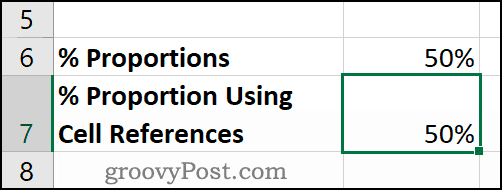 Figuras de porcentagem como proporções no Excel, com o formato de célula Porcentagens aplicado