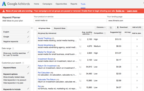 resultados de pesquisa do planejador de palavras-chave do AdWords