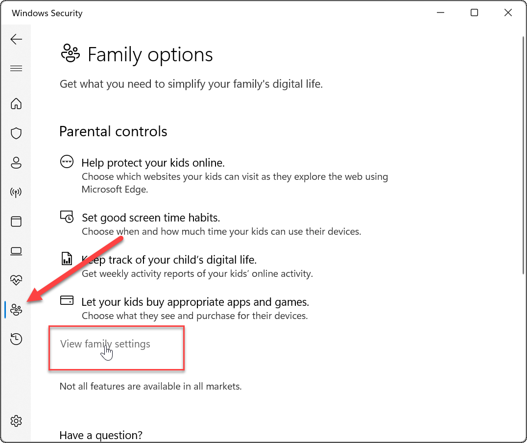 Opções da família de segurança do Windows