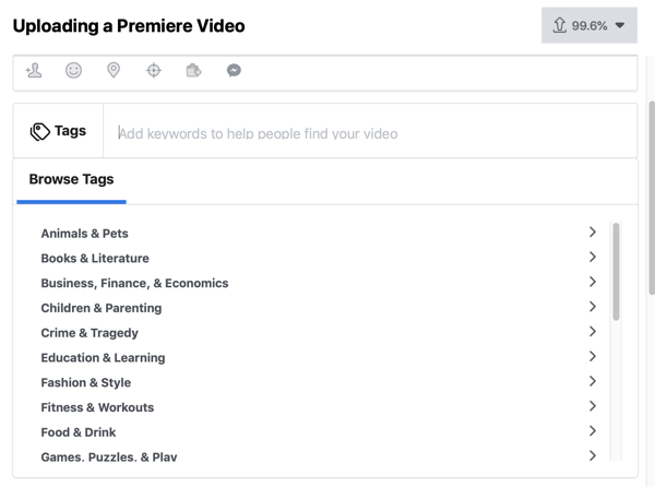 Como configurar o Facebook Premiere, etapa 4, tags de vídeo