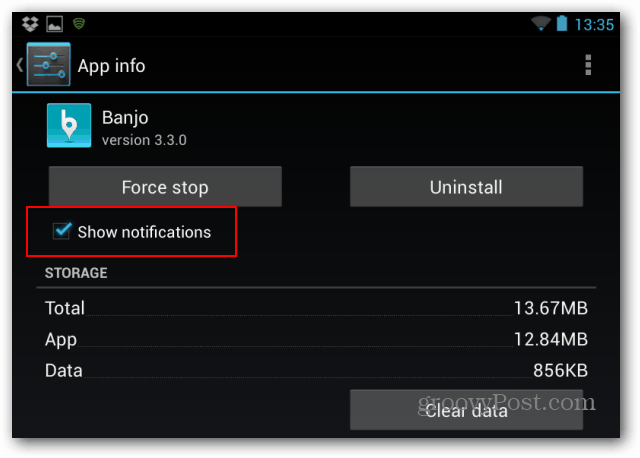 O Nexus 7 desativa as notificações selecionadas