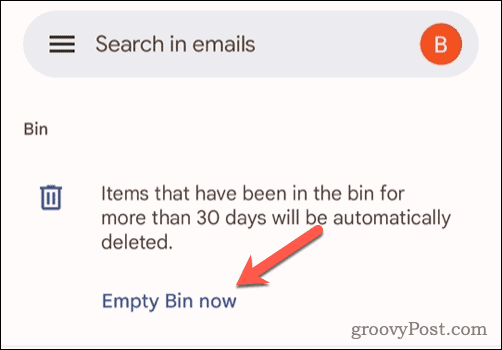 Opção de esvaziar lixeira no Gmail no celular