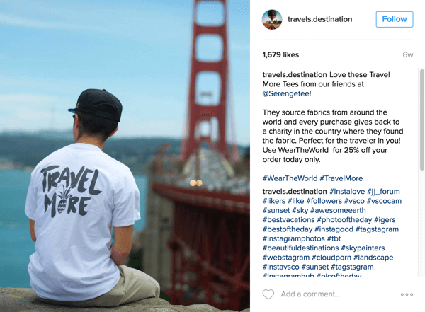 O Travels Destination apresenta os produtos Serengetee e informa os seguidores sobre a causa no Instagram.