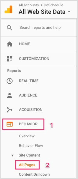 Navegue até Behavior e depois All Pages in Google Analytics.