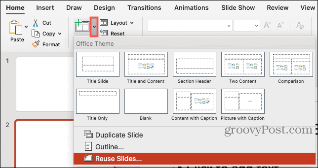 Novo slide, reutilizar slides no PowerPoint no Mac