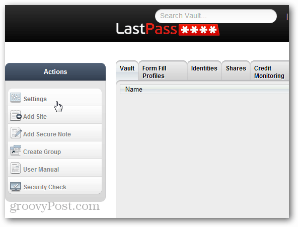 Configurações de ações do LastPass