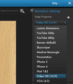 Clique no menu Configurações de animação do Moovly para ver as opções de otimização da plataforma de vídeo.