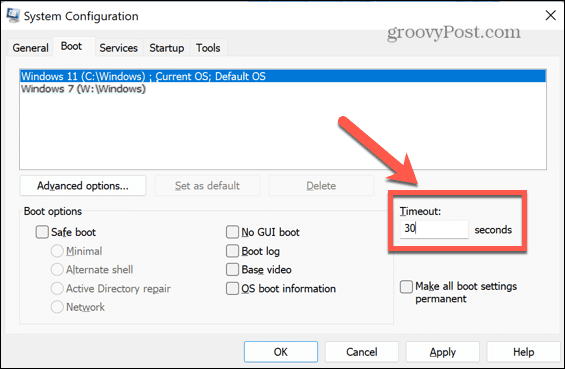 tempo limite de inicialização do msconfig do windows