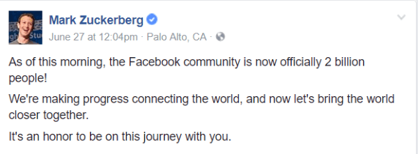 O Facebook ultrapassou um marco importante de 2 bilhões de usuários ativos mensais.