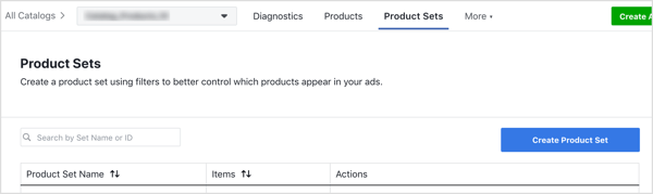 Na guia Conjuntos de produtos, clique no botão Criar conjunto de produtos.