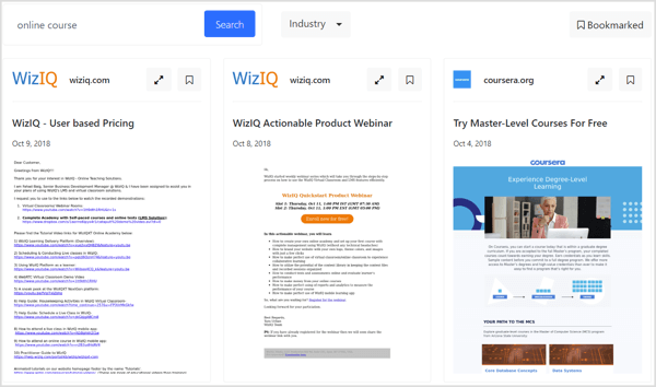 WhoSendsWhat permite marcar e-mails para referência futura, classificar amostras de e-mail por setor e iniciar sua pesquisa com domínios específicos.