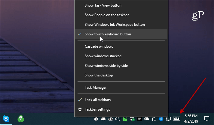 Botão do teclado de toque do Windows 10 Show