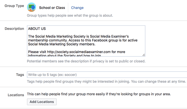 Forneça detalhes adicionais sobre o seu grupo no Facebook para tornar mais fácil para as pessoas descobri-lo.