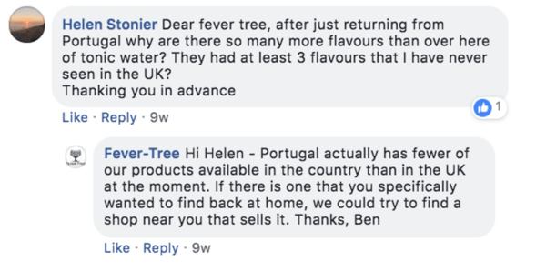 Exemplo de Fever-Tree respondendo à pergunta de um cliente em uma postagem do Facebook.