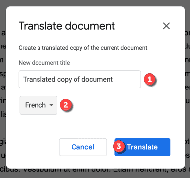 Opções de tradução no Google Docs