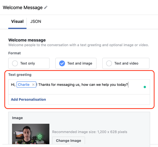 Como direcionar clientes potenciais com anúncios do Facebook Messenger, etapa 12, exemplo de personalização de modelo personalizado de destino do messenger