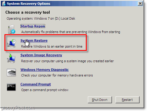 A restauração do sistema do Windows 7 é fácil de acessar no modo de reparo boto