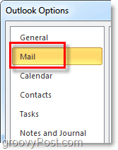 clique na guia de opções de email no Outlook 2010