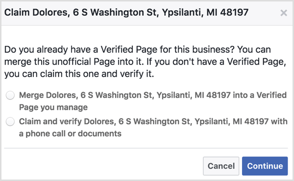 Selecione a opção de mesclar uma página de local não oficial com uma página do Facebook verificada que você gerencia.