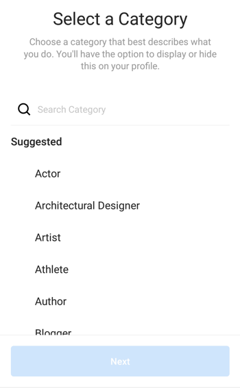 Seleção da categoria de perfil do Criador do Instagram, etapa 1.