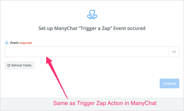 Selecione a ação Trigger Zap que você criou no fluxo do ManyChat.