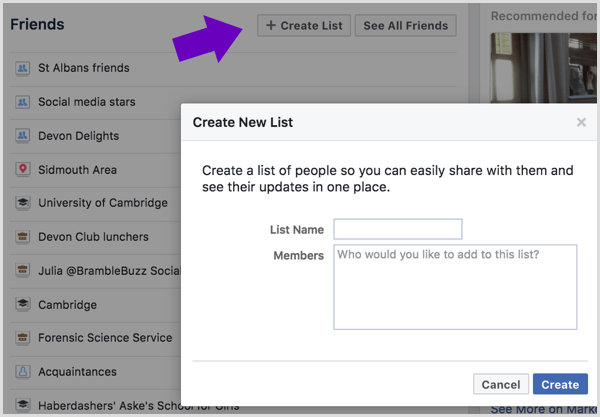 Digite um nome para sua lista de amigos do Facebook e selecione quais amigos adicionar.