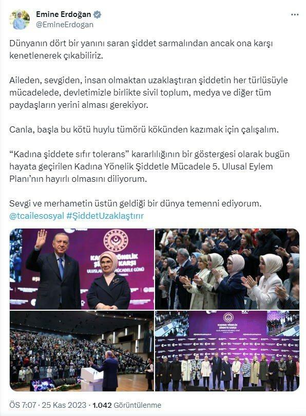 Primeira-dama Erdoğan compartilhando sobre o dia da violência contra a mulher