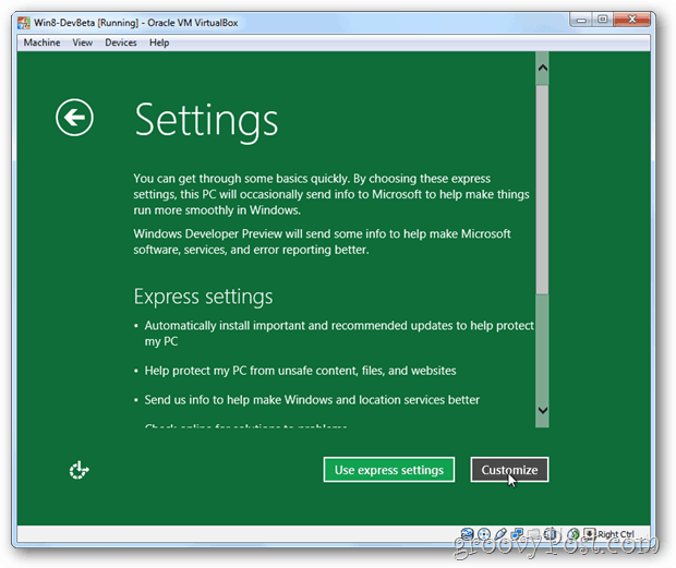 VirtualBox Windows 8 Express ou personalize a instalação
