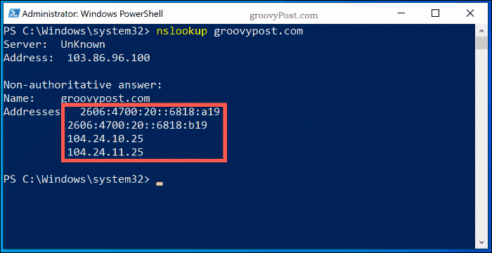 O comando NSlookup em uma janela do Windows 10 PowerShell, mostrando as informações de pesquisa do servidor de nomes para Groovypost.com