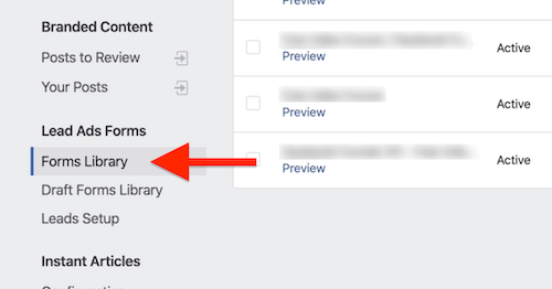 Opção de biblioteca de formulários nas ferramentas de publicação do Facebook