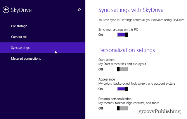 Configurações de sincronização do SkyDrive