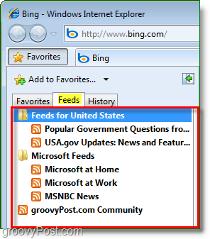 a lista de feeds comum localizada na barra de favoritos do Internet Explorer
