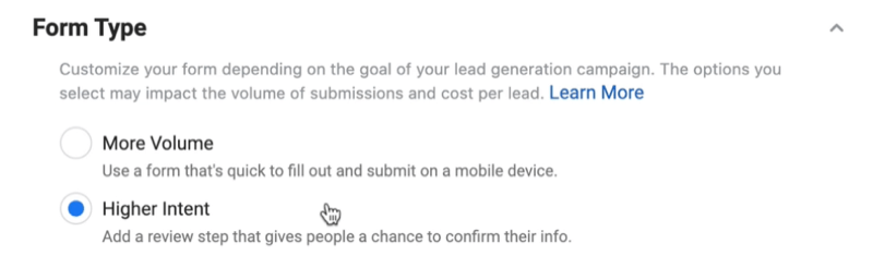 anúncios de leads do Facebook criam nova opção de formulário de lead para selecionar o tipo de formulário com intenção mais alta selecionada