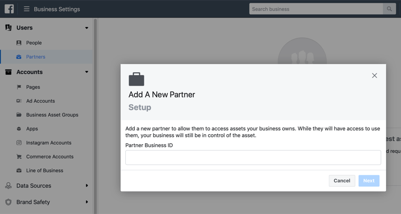 adicionar um novo parceiro no Facebook Business Manager