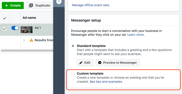 Como direcionar clientes potenciais com anúncios do Facebook Messenger, etapa 10, opção de modelo personalizado de destino do messenger