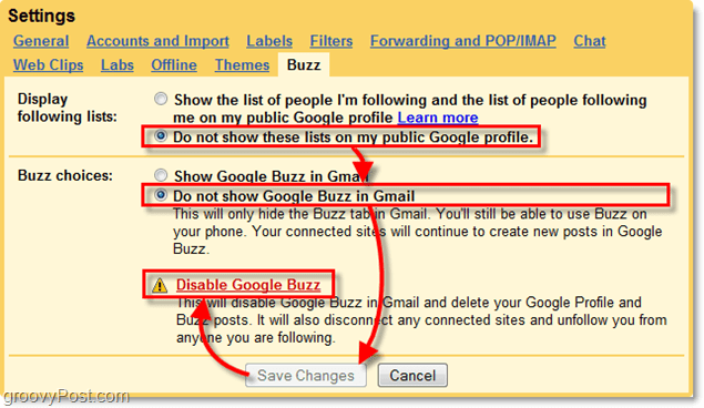 nas configurações do gmail, clique na guia Google Buzz