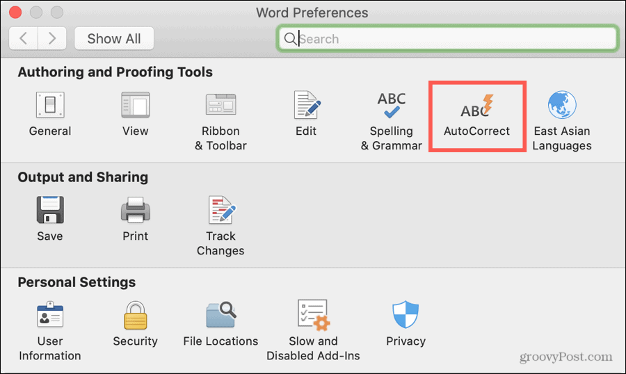 AutoCorreção de preferências de palavras no Mac