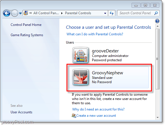 escolha um usuário para ajustar as propriedades do controle dos pais no Windows 7